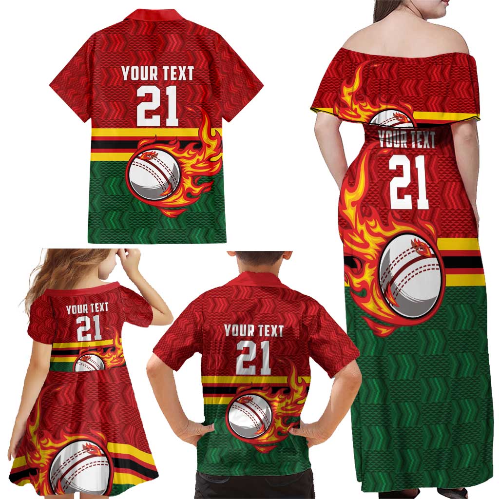Zimbabwe Cricket Custom Family Matching Off Shoulder Maxi Dress and Hawaiian Shirt The Chevrons Cricket Ball Fire - Wonder Print Shop