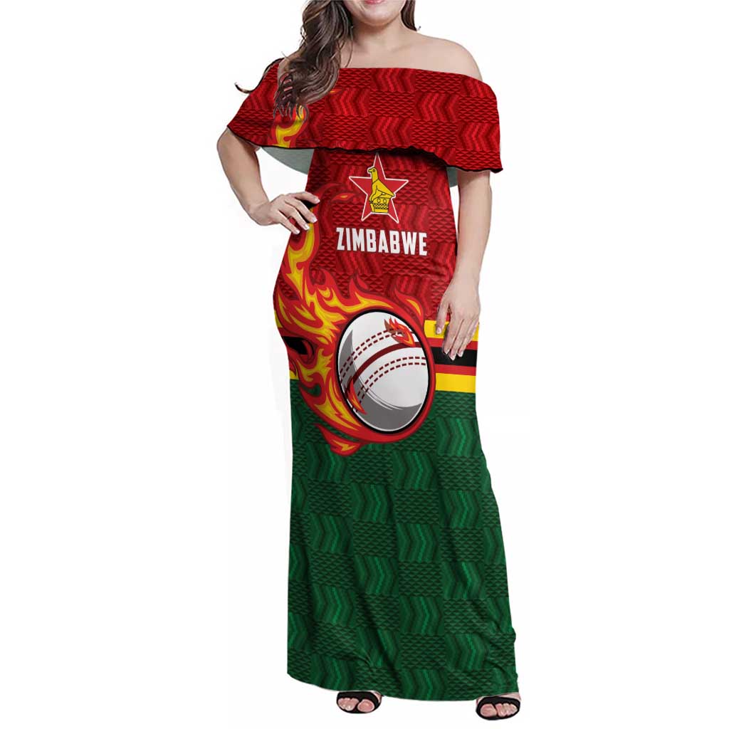 Zimbabwe Cricket Custom Family Matching Off Shoulder Maxi Dress and Hawaiian Shirt The Chevrons Cricket Ball Fire - Wonder Print Shop
