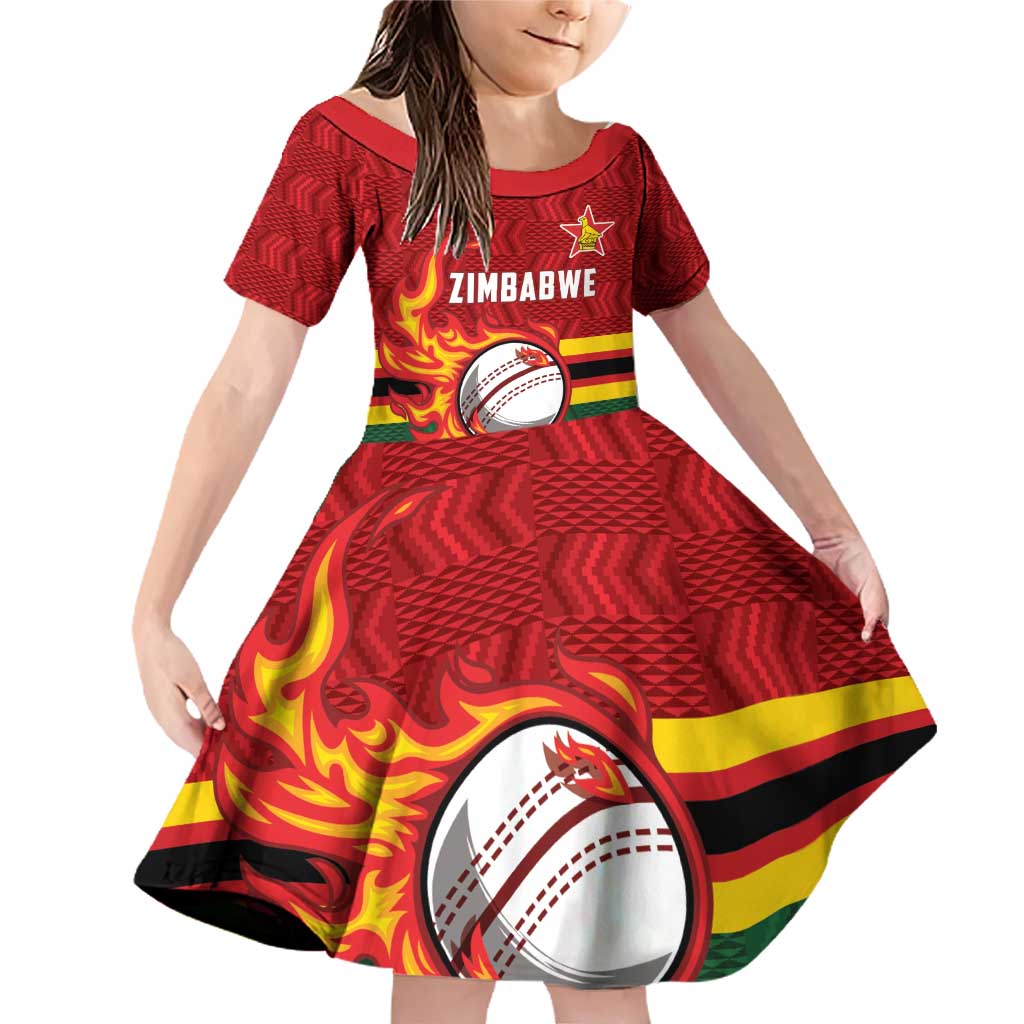Zimbabwe Cricket Custom Family Matching Off Shoulder Short Dress and Hawaiian Shirt The Chevrons Cricket Ball Fire - Wonder Print Shop
