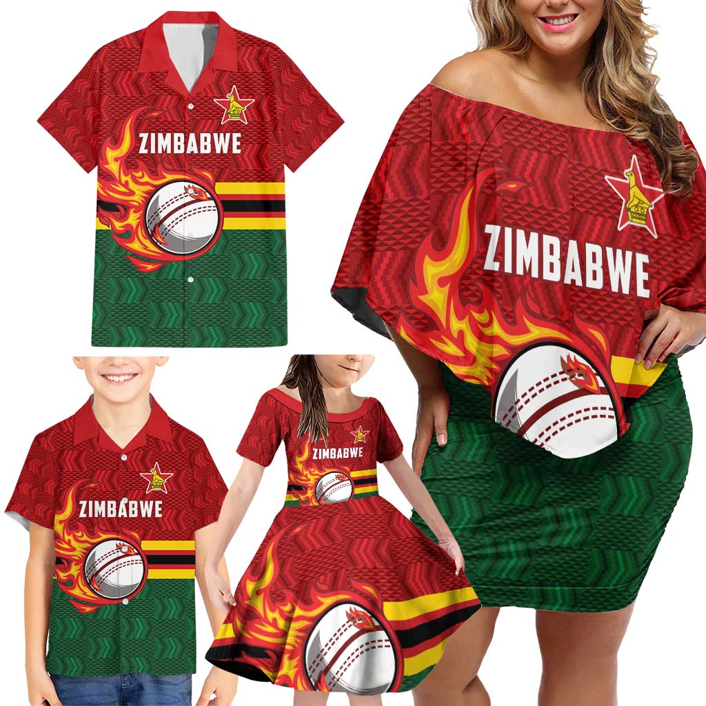 Zimbabwe Cricket Custom Family Matching Off Shoulder Short Dress and Hawaiian Shirt The Chevrons Cricket Ball Fire - Wonder Print Shop