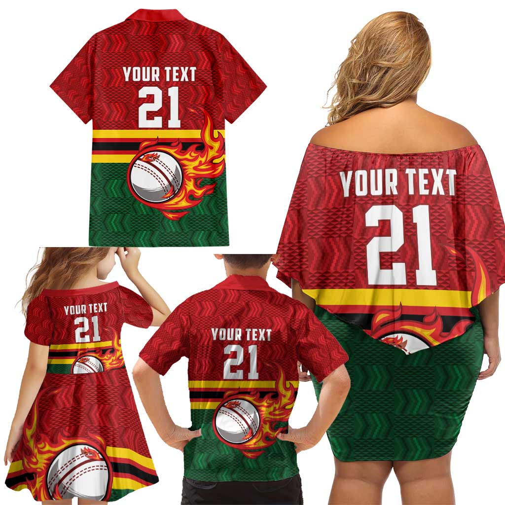 Zimbabwe Cricket Custom Family Matching Off Shoulder Short Dress and Hawaiian Shirt The Chevrons Cricket Ball Fire - Wonder Print Shop