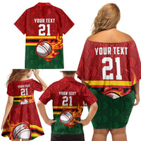 Zimbabwe Cricket Custom Family Matching Off Shoulder Short Dress and Hawaiian Shirt The Chevrons Cricket Ball Fire - Wonder Print Shop