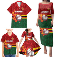 Zimbabwe Cricket Custom Family Matching Puletasi and Hawaiian Shirt The Chevrons Cricket Ball Fire - Wonder Print Shop