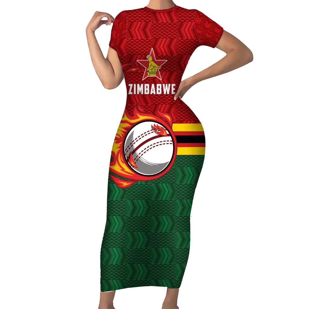 Zimbabwe Cricket Custom Family Matching Short Sleeve Bodycon Dress and Hawaiian Shirt The Chevrons Cricket Ball Fire - Wonder Print Shop