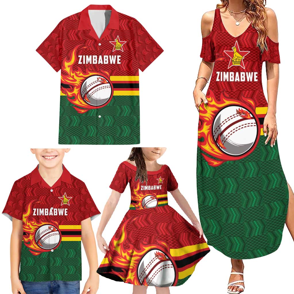 Zimbabwe Cricket Custom Family Matching Summer Maxi Dress and Hawaiian Shirt The Chevrons Cricket Ball Fire - Wonder Print Shop