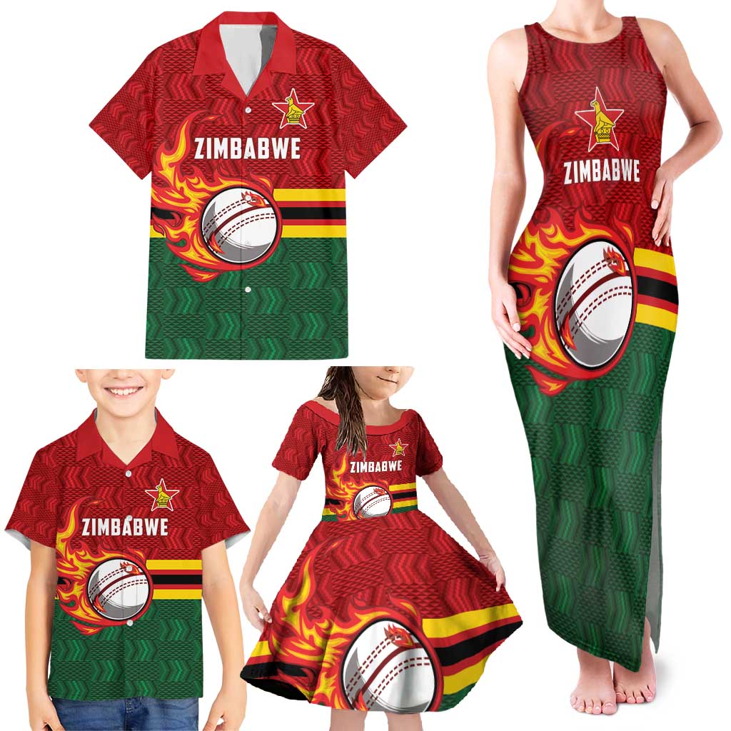 Zimbabwe Cricket Custom Family Matching Tank Maxi Dress and Hawaiian Shirt The Chevrons Cricket Ball Fire - Wonder Print Shop