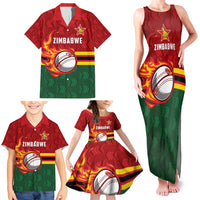 Zimbabwe Cricket Custom Family Matching Tank Maxi Dress and Hawaiian Shirt The Chevrons Cricket Ball Fire - Wonder Print Shop