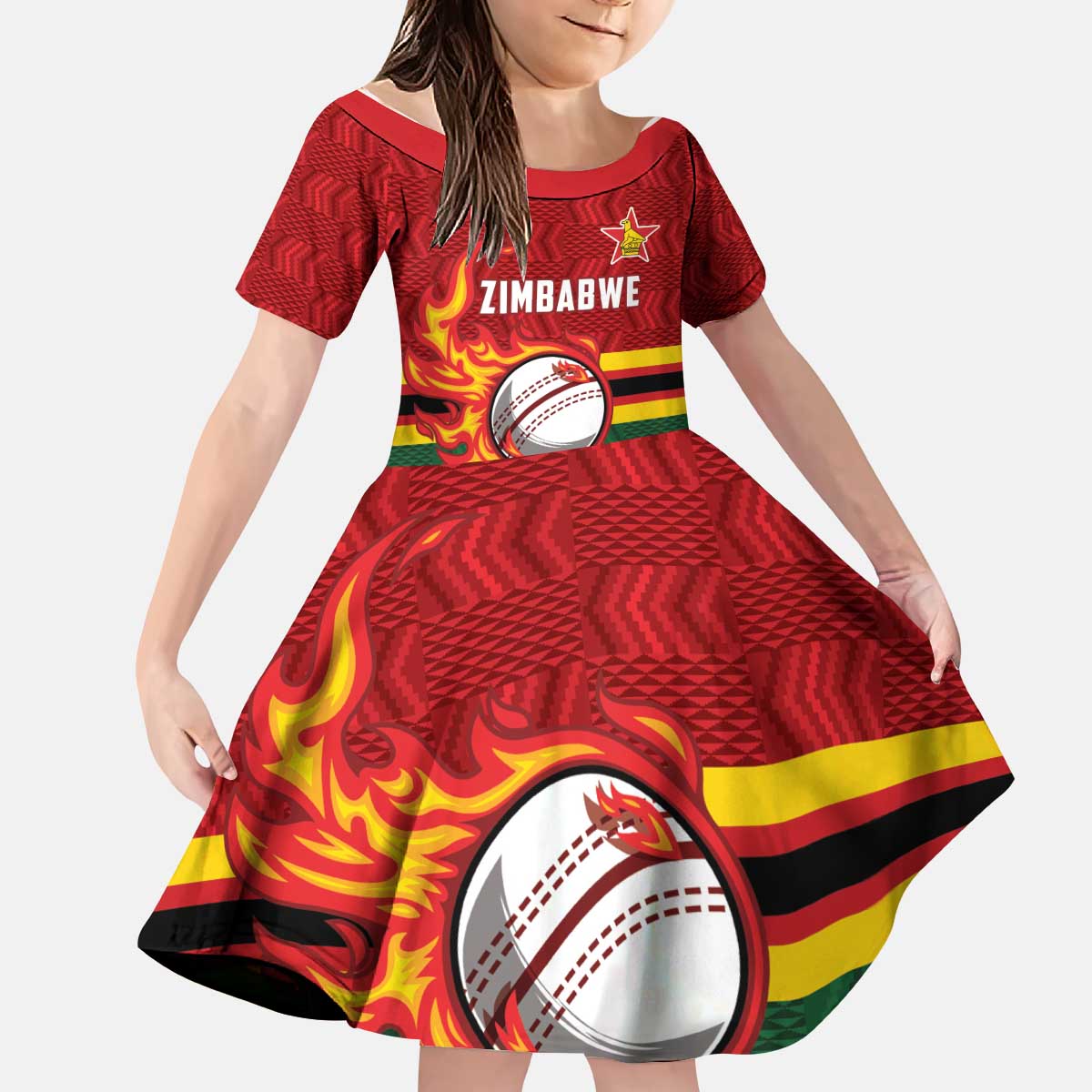 Zimbabwe Cricket Custom Kid Short Sleeve Dress The Chevrons Cricket Ball Fire - Wonder Print Shop