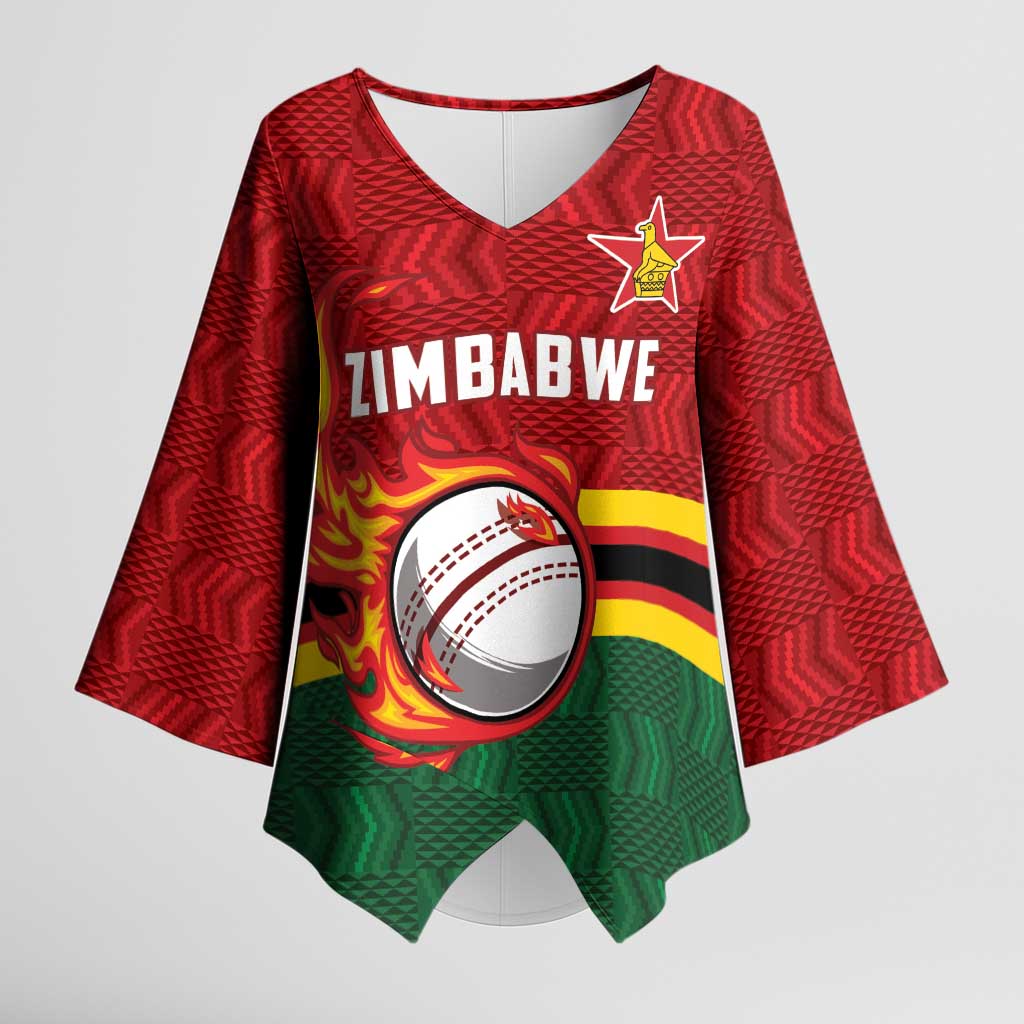 Zimbabwe Cricket Custom Kimono Sleeve Blouse The Chevrons Cricket Ball Fire - Wonder Print Shop