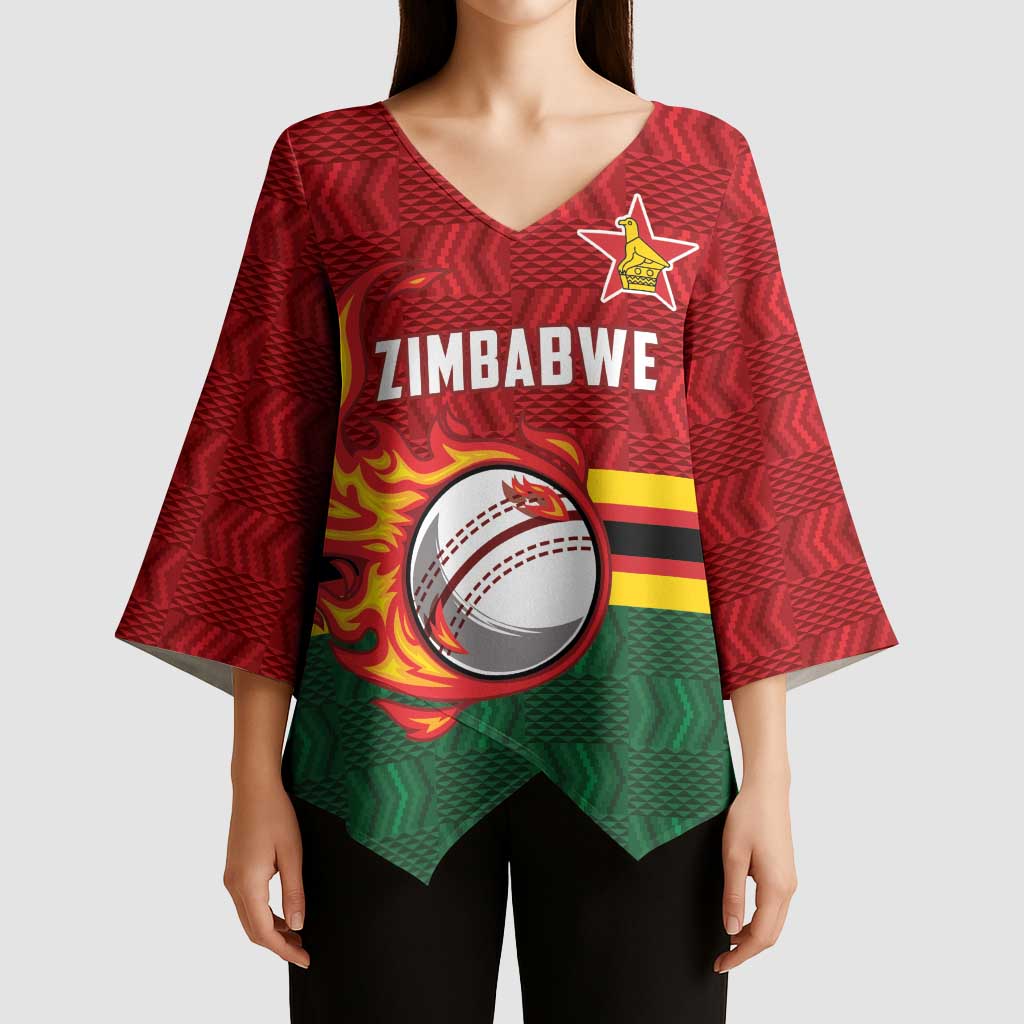 Zimbabwe Cricket Custom Kimono Sleeve Blouse The Chevrons Cricket Ball Fire - Wonder Print Shop