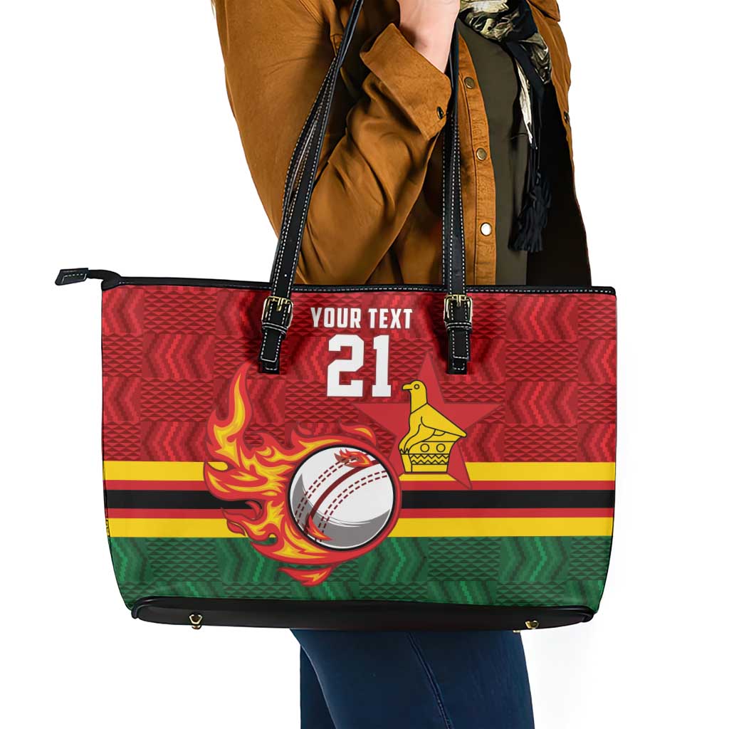 Zimbabwe Cricket Custom Leather Tote Bag The Chevrons Cricket Ball Fire - Wonder Print Shop