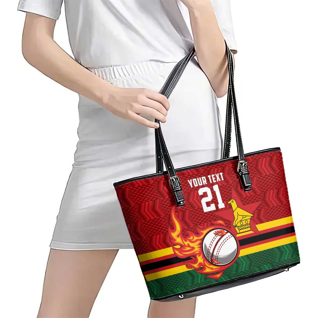 Zimbabwe Cricket Custom Leather Tote Bag The Chevrons Cricket Ball Fire - Wonder Print Shop