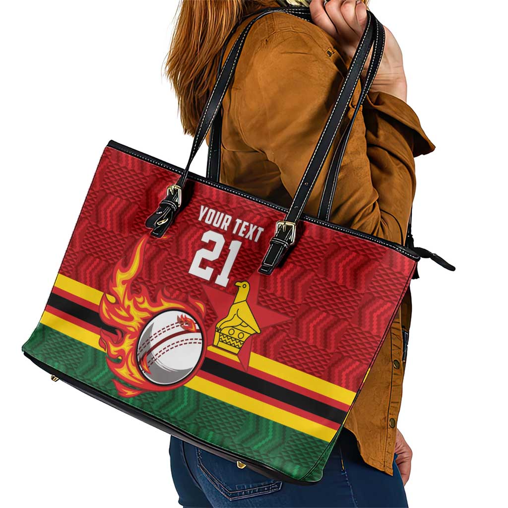 Zimbabwe Cricket Custom Leather Tote Bag The Chevrons Cricket Ball Fire - Wonder Print Shop