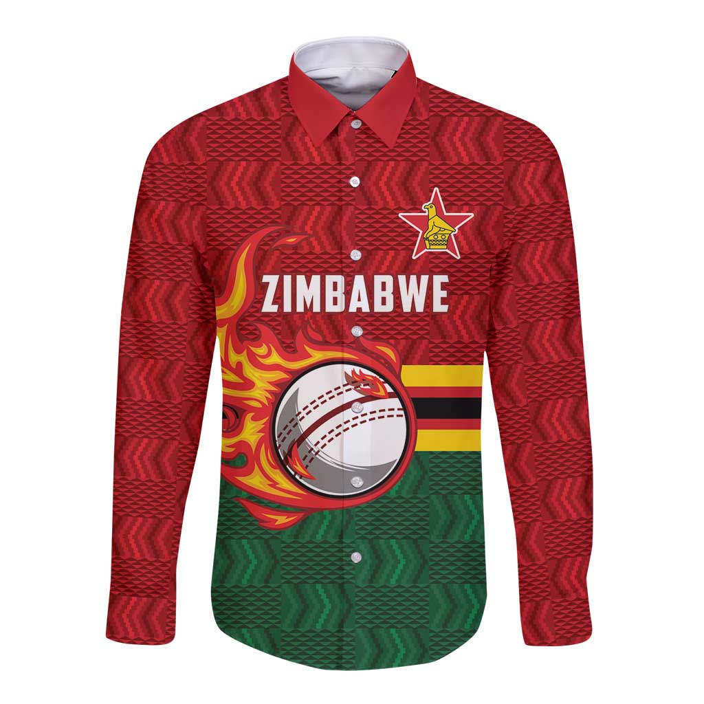 Zimbabwe Cricket Custom Long Sleeve Button Shirt The Chevrons Cricket Ball Fire - Wonder Print Shop
