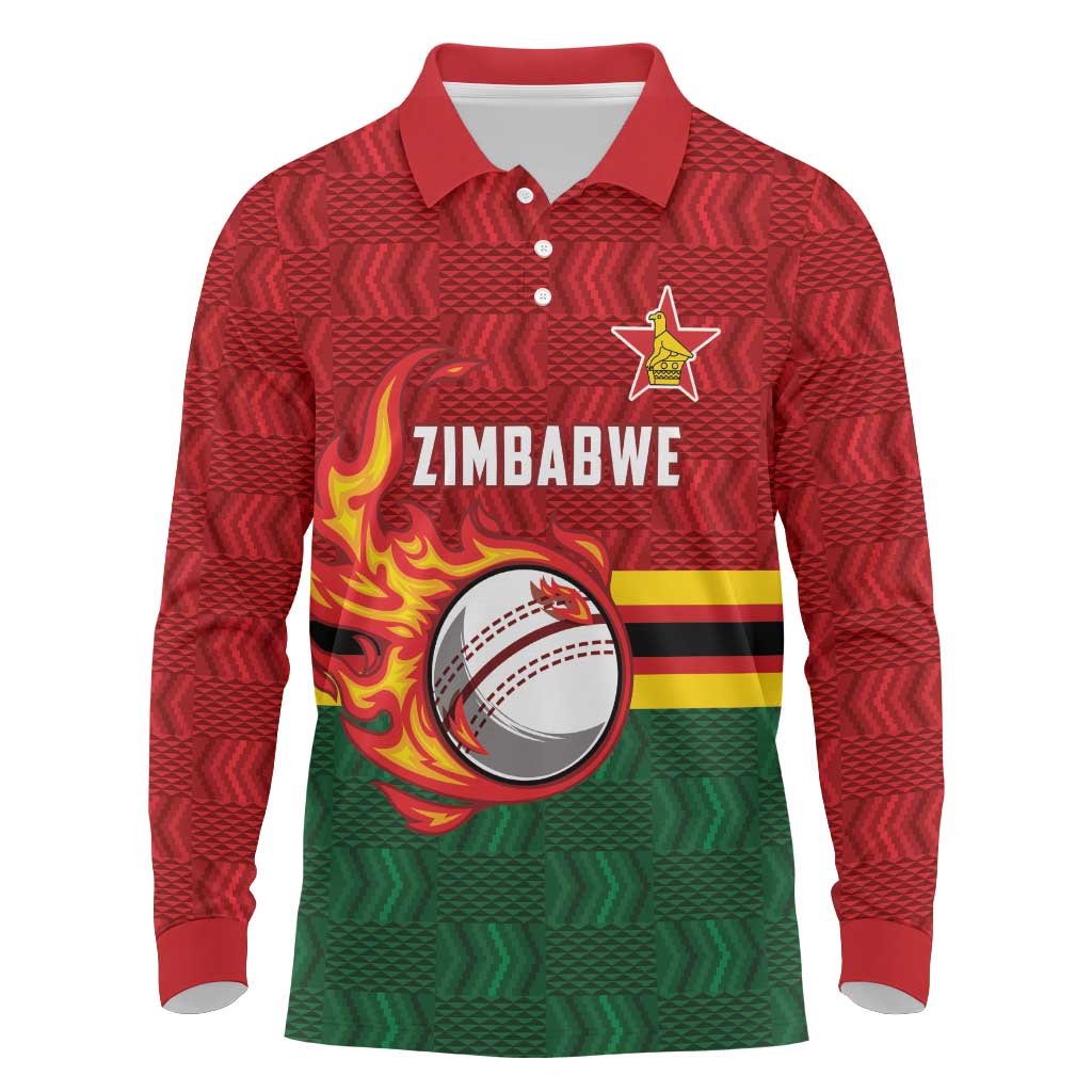 Zimbabwe Cricket Custom Long Sleeve Polo Shirt The Chevrons Cricket Ball Fire - Wonder Print Shop