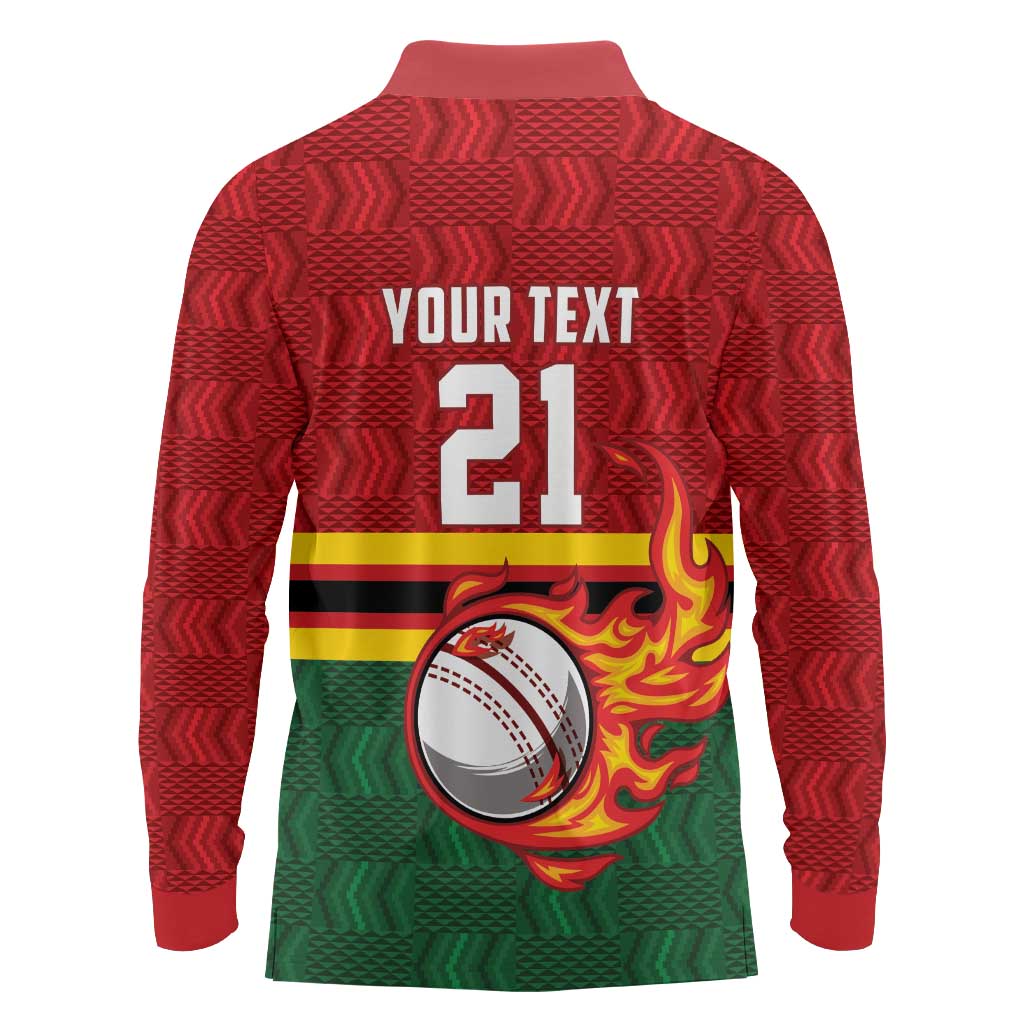 Zimbabwe Cricket Custom Long Sleeve Polo Shirt The Chevrons Cricket Ball Fire - Wonder Print Shop