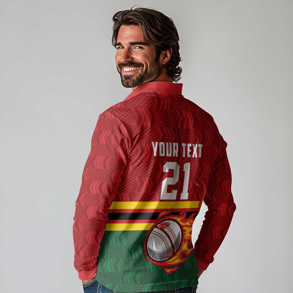 Zimbabwe Cricket Custom Long Sleeve Polo Shirt The Chevrons Cricket Ball Fire - Wonder Print Shop