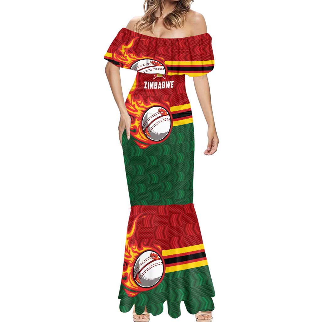 Zimbabwe Cricket Custom Mermaid Dress The Chevrons Cricket Ball Fire - Wonder Print Shop