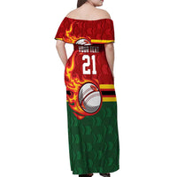 Zimbabwe Cricket Custom Off Shoulder Maxi Dress The Chevrons Cricket Ball Fire - Wonder Print Shop