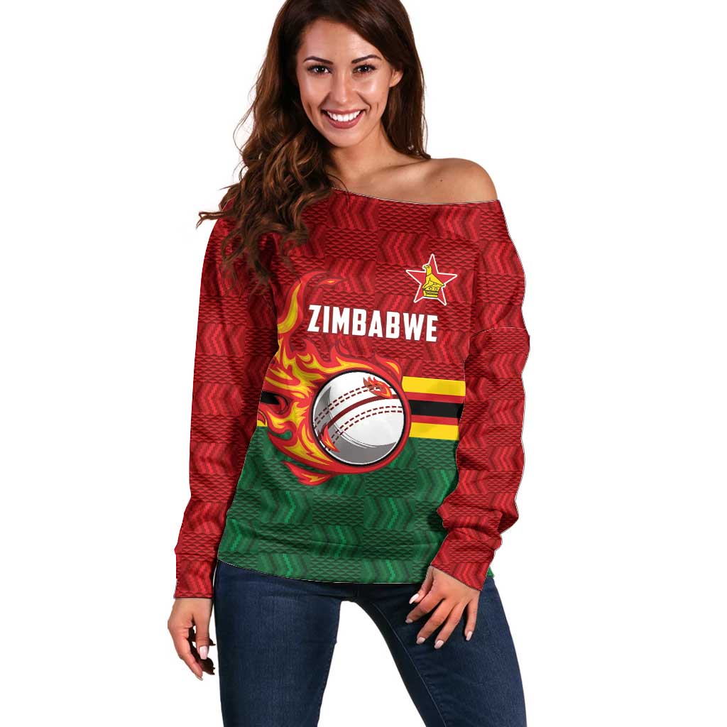 Zimbabwe Cricket Custom Off Shoulder Sweater The Chevrons Cricket Ball Fire - Wonder Print Shop