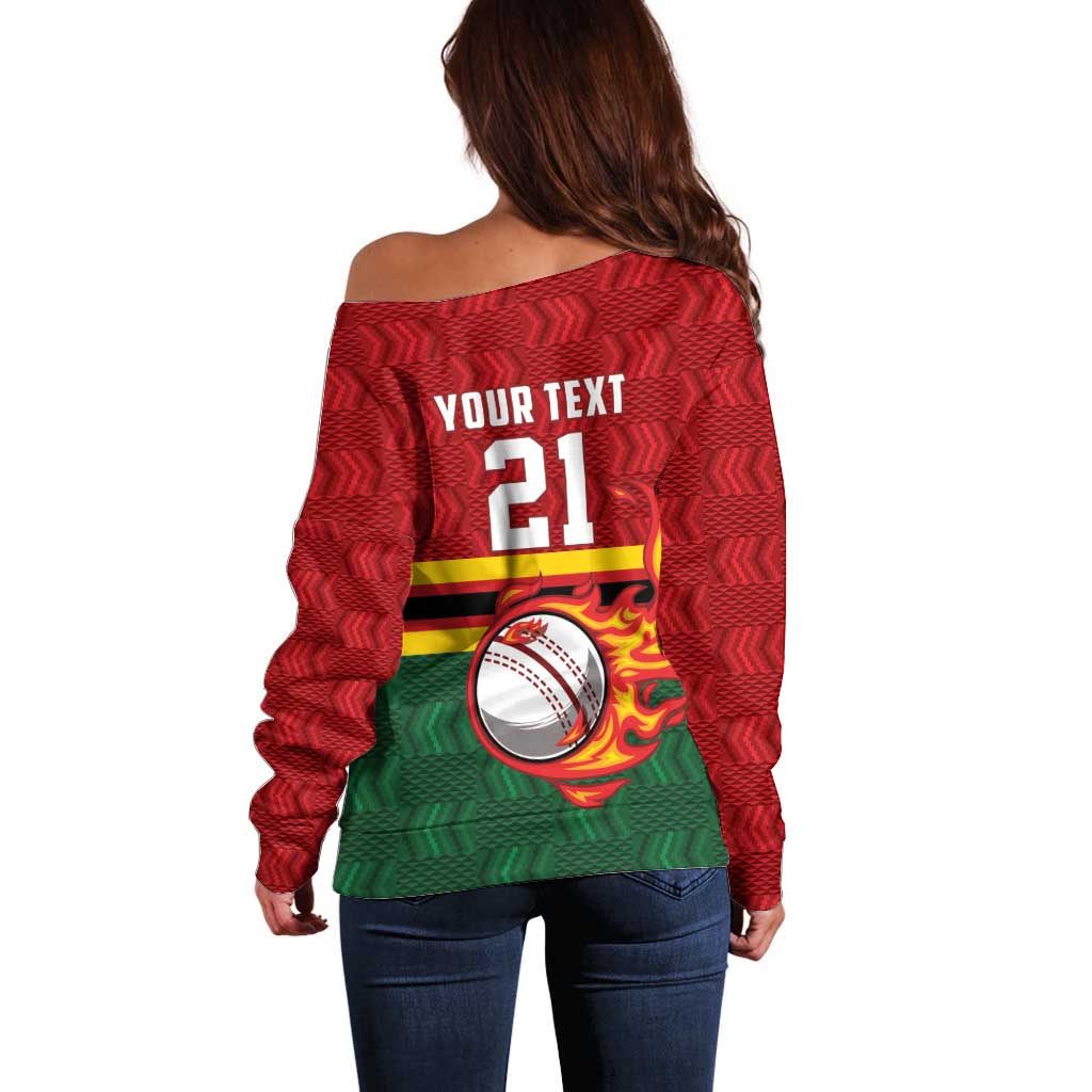 Zimbabwe Cricket Custom Off Shoulder Sweater The Chevrons Cricket Ball Fire - Wonder Print Shop