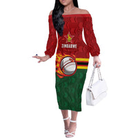 Zimbabwe Cricket Custom Off The Shoulder Long Sleeve Dress The Chevrons Cricket Ball Fire - Wonder Print Shop