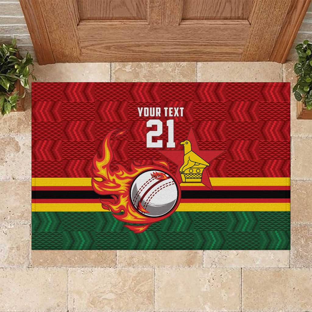 Zimbabwe Cricket Custom Rubber Doormat The Chevrons Cricket Ball Fire - Wonder Print Shop