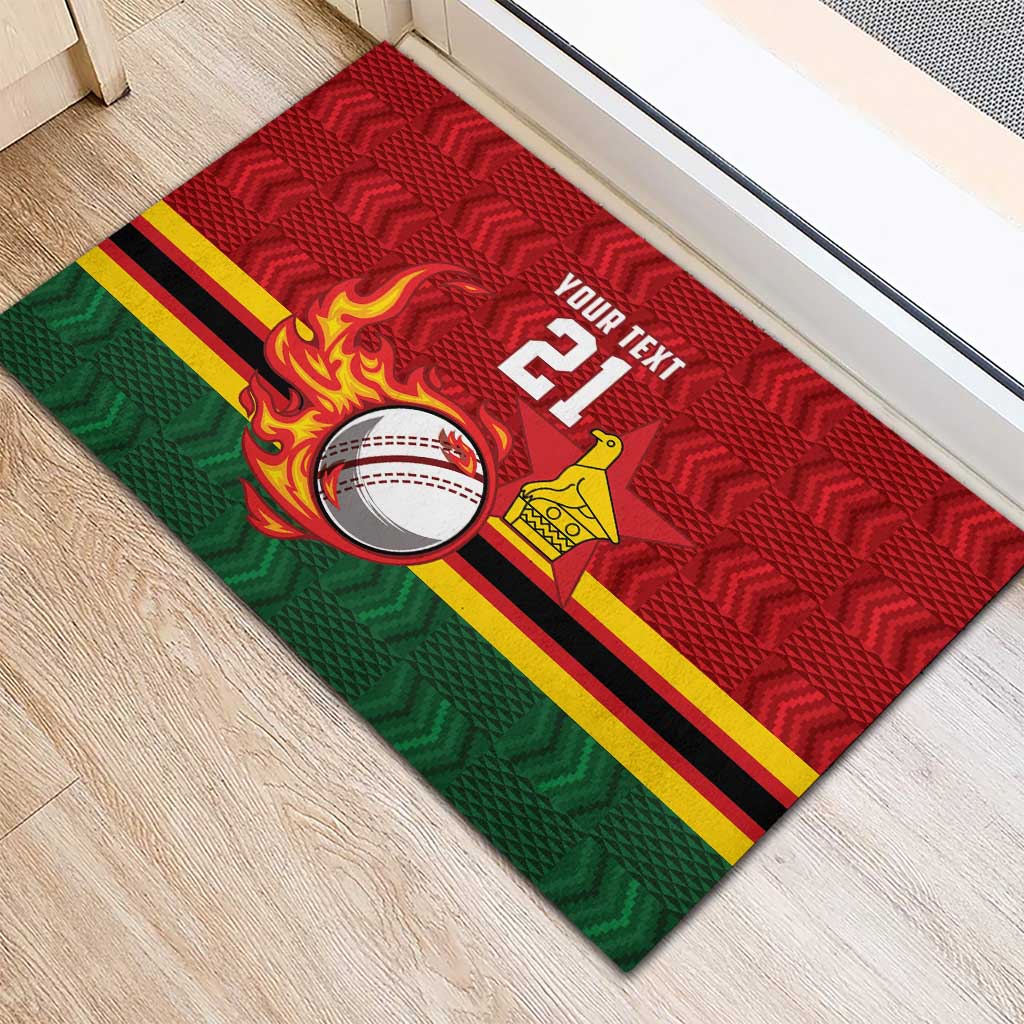 Zimbabwe Cricket Custom Rubber Doormat The Chevrons Cricket Ball Fire - Wonder Print Shop