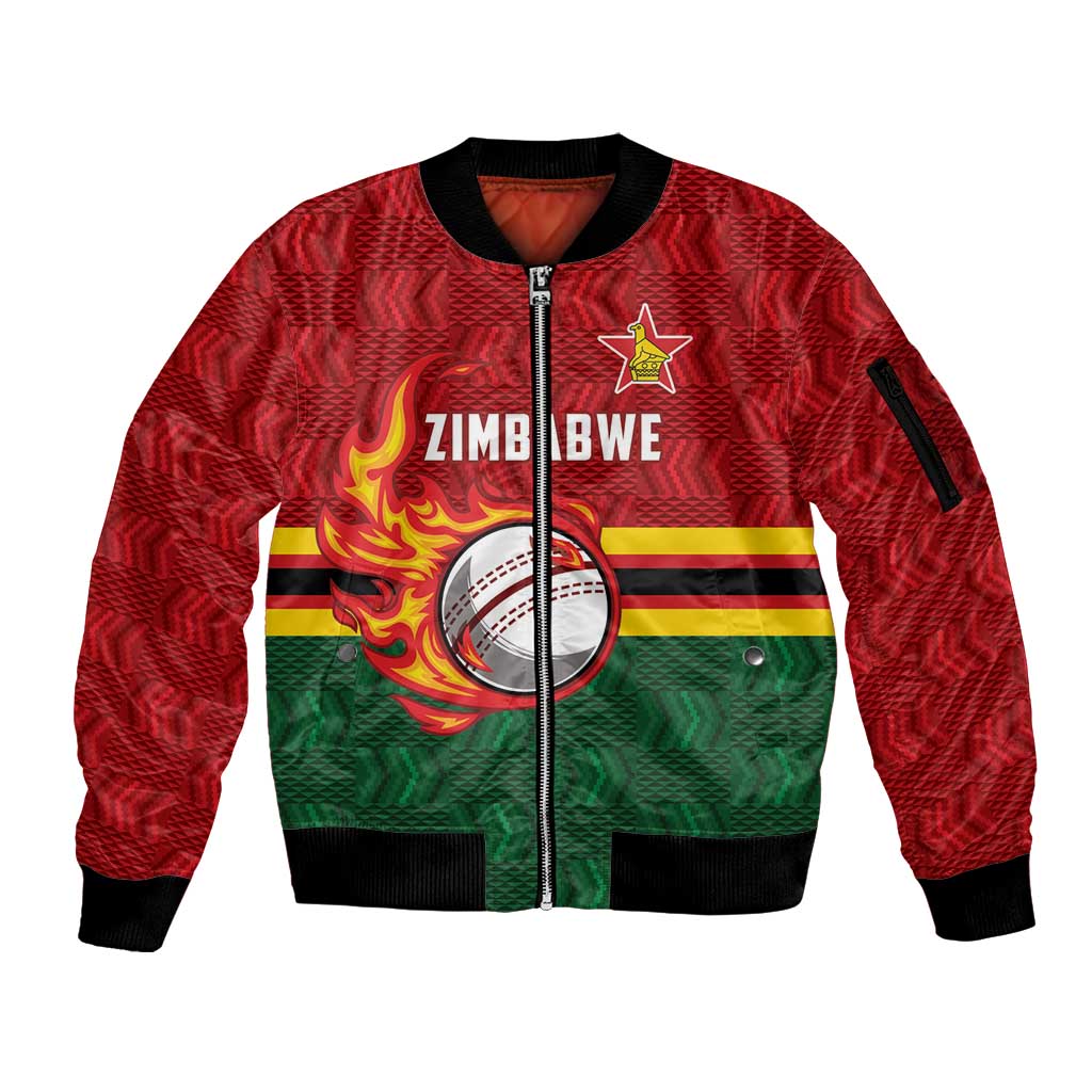 Zimbabwe Cricket Custom Sleeve Zip Bomber Jacket The Chevrons Cricket Ball Fire - Wonder Print Shop