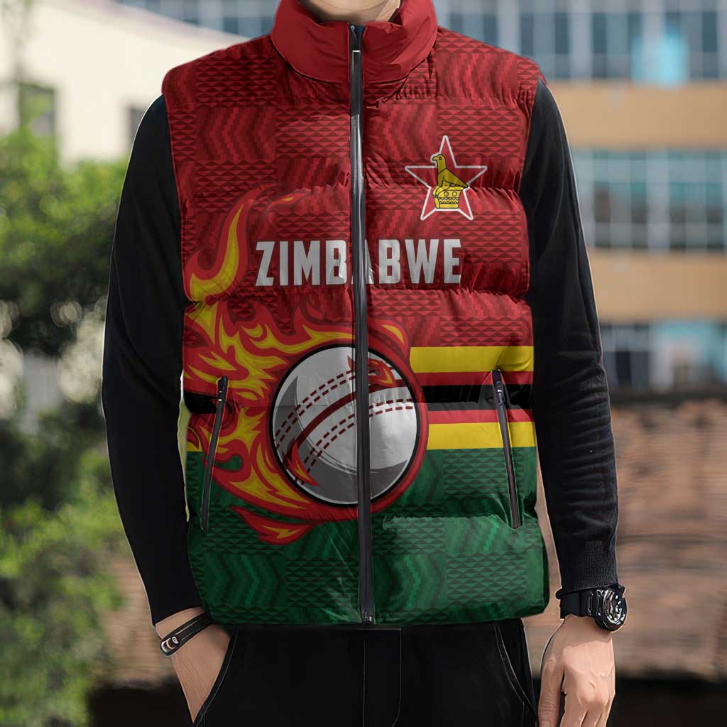 Zimbabwe Cricket Custom Sleeveless Puffer Jacket The Chevrons Cricket Ball Fire - Wonder Print Shop