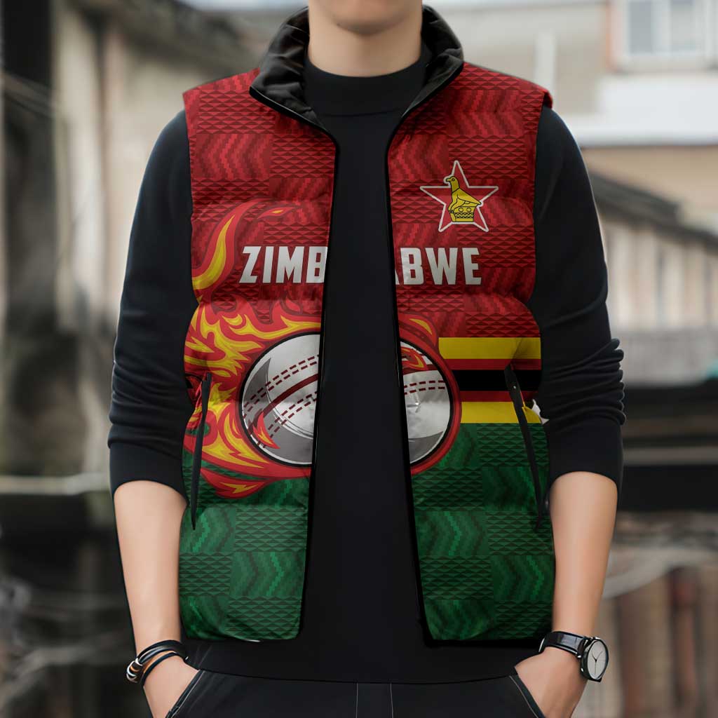 Zimbabwe Cricket Custom Sleeveless Puffer Jacket The Chevrons Cricket Ball Fire - Wonder Print Shop