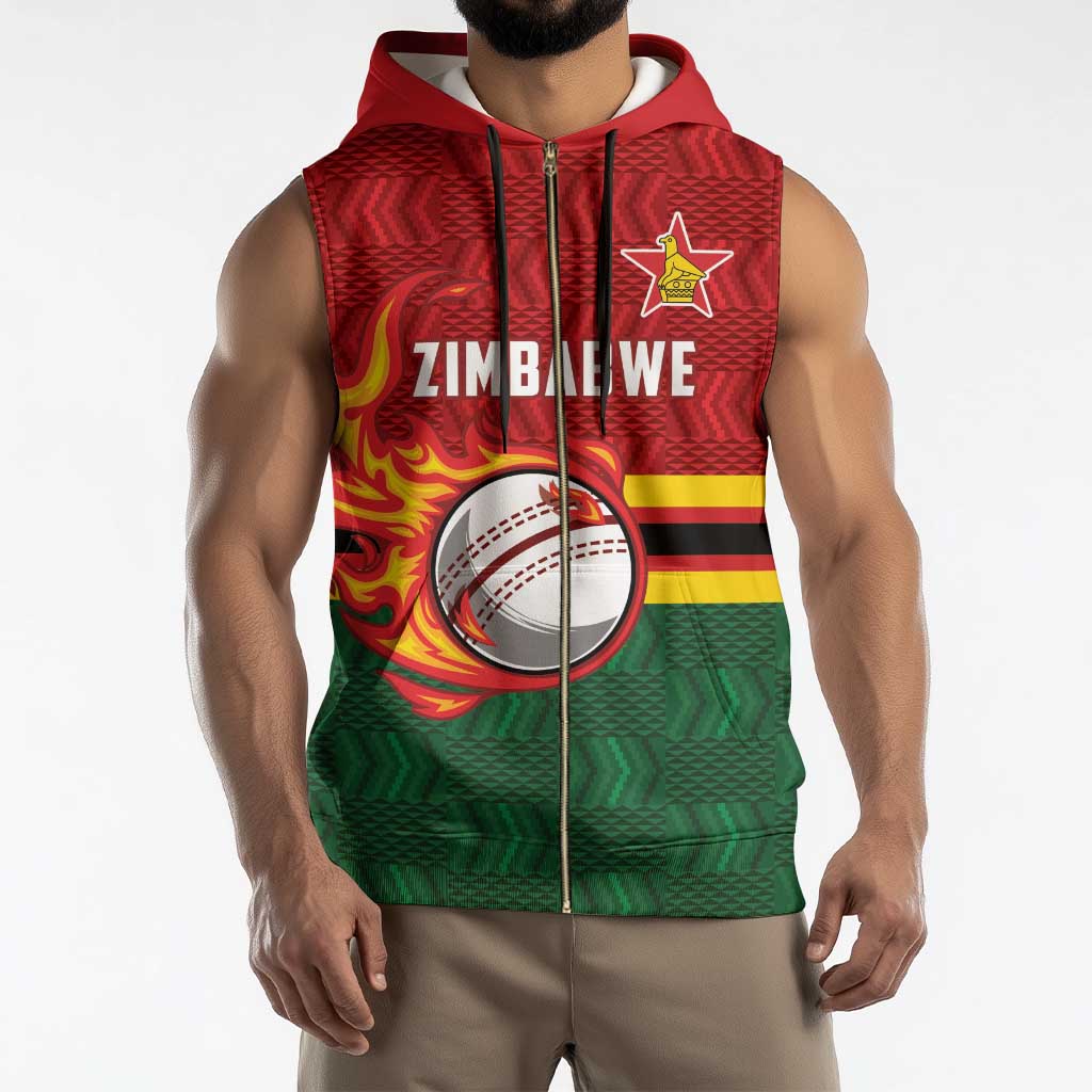 Zimbabwe Cricket Custom Sleeveless Zip Hoodie The Chevrons Cricket Ball Fire - Wonder Print Shop
