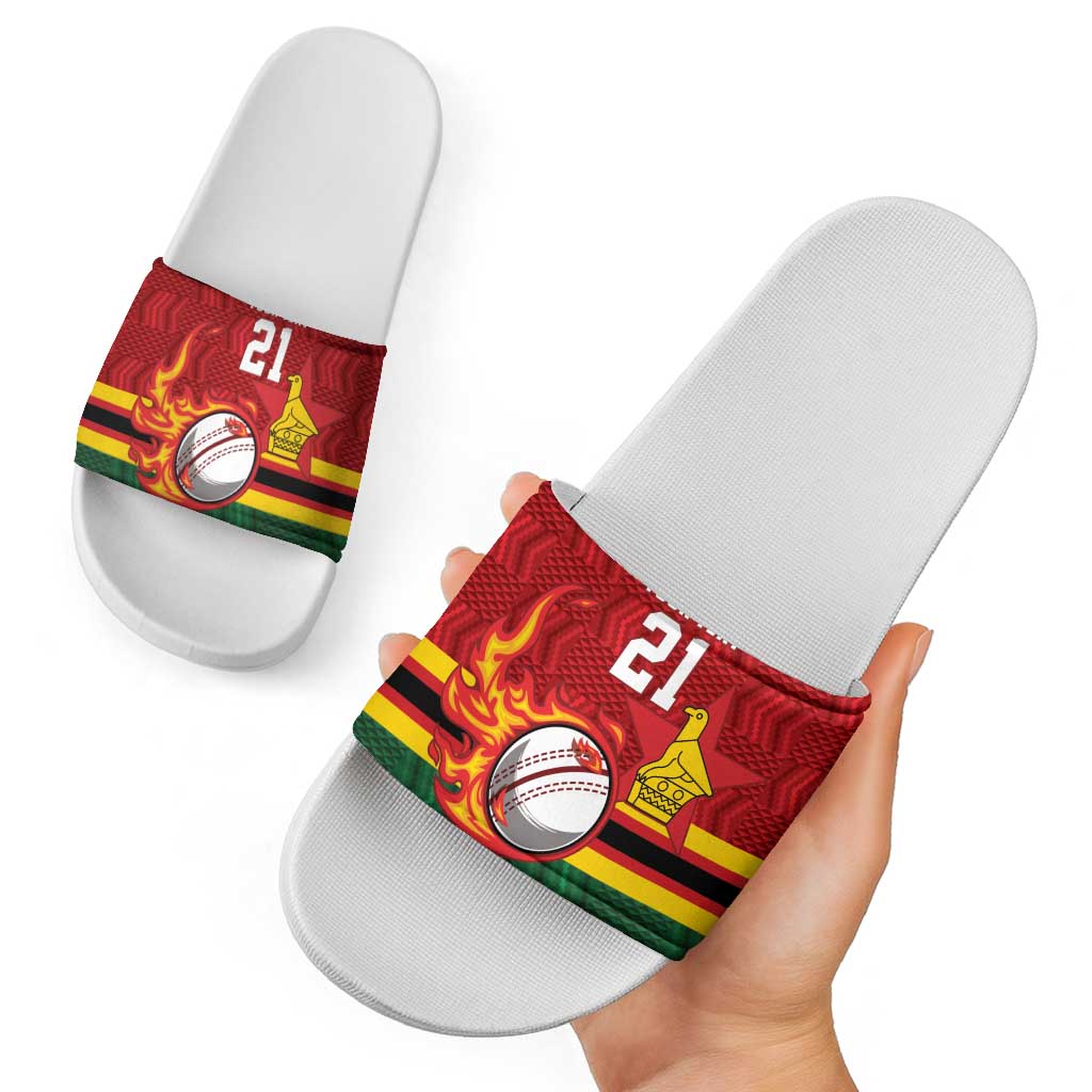 Zimbabwe Cricket Custom Slide Sandals The Chevrons Cricket Ball Fire - Wonder Print Shop
