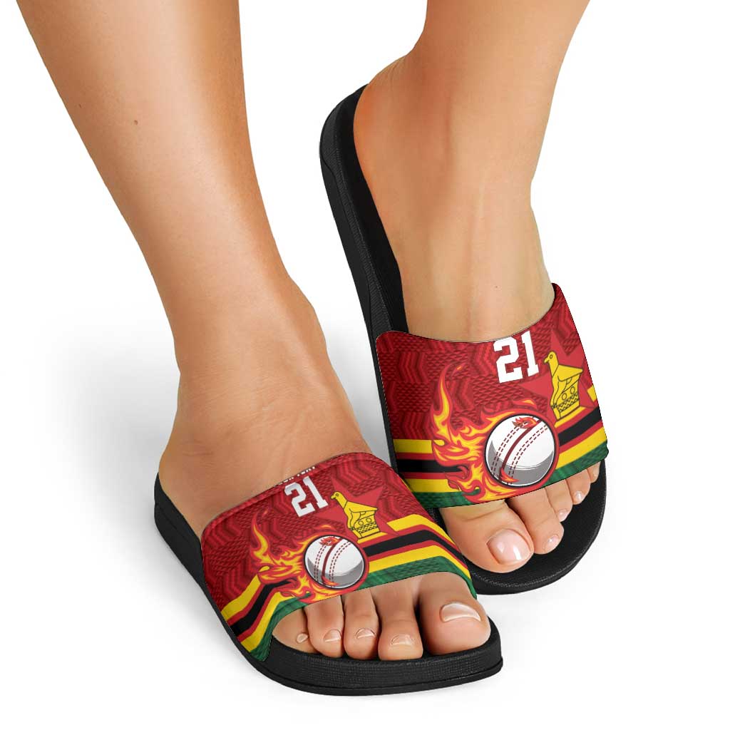 Zimbabwe Cricket Custom Slide Sandals The Chevrons Cricket Ball Fire - Wonder Print Shop