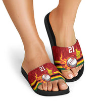 Zimbabwe Cricket Custom Slide Sandals The Chevrons Cricket Ball Fire - Wonder Print Shop