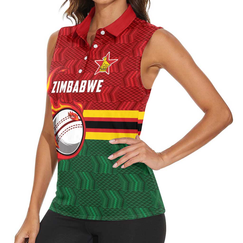Zimbabwe Cricket Custom Women Sleeveless Polo Shirt The Chevrons Cricket Ball Fire - Wonder Print Shop