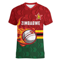 Zimbabwe Cricket Custom Women V-Neck T-Shirt The Chevrons Cricket Ball Fire - Wonder Print Shop