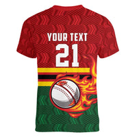 Zimbabwe Cricket Custom Women V-Neck T-Shirt The Chevrons Cricket Ball Fire - Wonder Print Shop