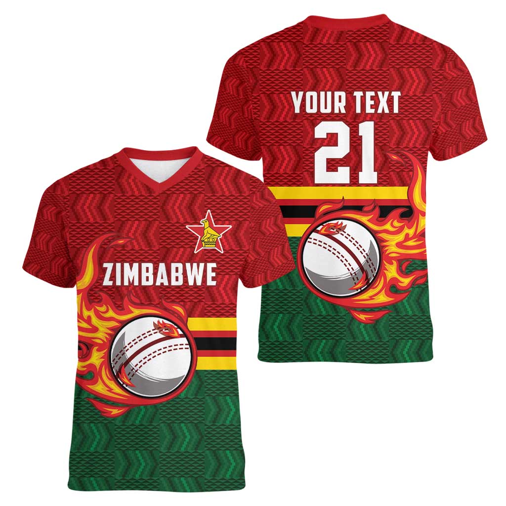 Zimbabwe Cricket Custom Women V-Neck T-Shirt The Chevrons Cricket Ball Fire - Wonder Print Shop