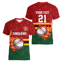 Zimbabwe Cricket Custom Women V-Neck T-Shirt The Chevrons Cricket Ball Fire - Wonder Print Shop