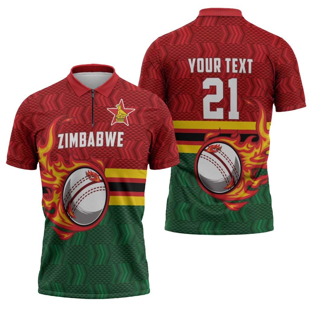 Zimbabwe Cricket Custom Zipper Polo Shirt The Chevrons Cricket Ball Fire - Wonder Print Shop