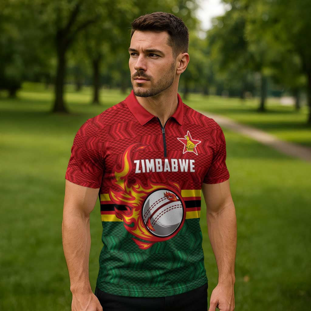 Zimbabwe Cricket Custom Zipper Polo Shirt The Chevrons Cricket Ball Fire - Wonder Print Shop