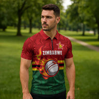 Zimbabwe Cricket Custom Zipper Polo Shirt The Chevrons Cricket Ball Fire - Wonder Print Shop