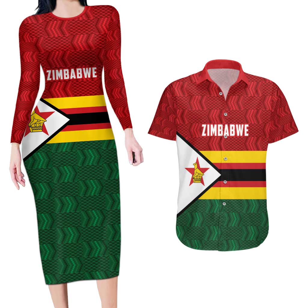 Zimbabwe Cricket Custom Couples Matching Long Sleeve Bodycon Dress and Hawaiian Shirt Zimbabwean Pattern Flag Motif - Wonder Print Shop