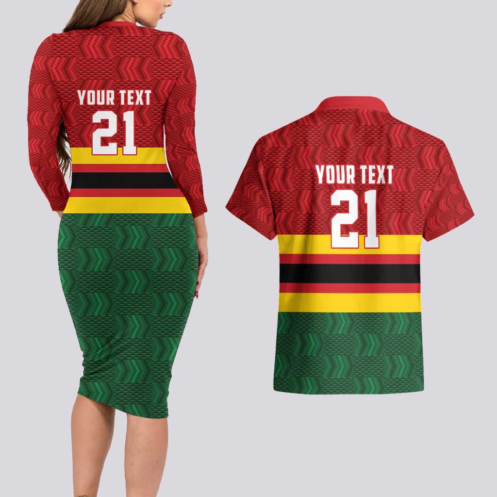 Zimbabwe Cricket Custom Couples Matching Long Sleeve Bodycon Dress and Hawaiian Shirt Zimbabwean Pattern Flag Motif - Wonder Print Shop