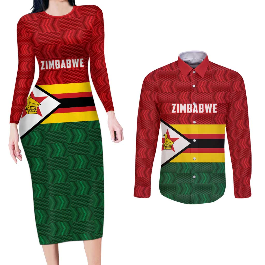 Zimbabwe Cricket Custom Couples Matching Long Sleeve Bodycon Dress and Long Sleeve Button Shirt Zimbabwean Pattern Flag Motif - Wonder Print Shop