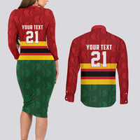 Zimbabwe Cricket Custom Couples Matching Long Sleeve Bodycon Dress and Long Sleeve Button Shirt Zimbabwean Pattern Flag Motif - Wonder Print Shop