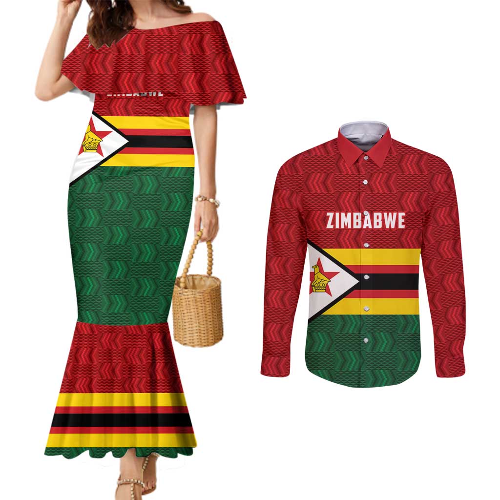 Zimbabwe Cricket Custom Couples Matching Mermaid Dress and Long Sleeve Button Shirt Zimbabwean Pattern Flag Motif - Wonder Print Shop