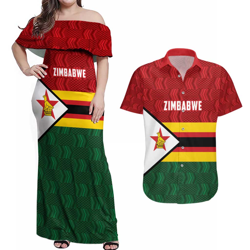 Zimbabwe Cricket Custom Couples Matching Off Shoulder Maxi Dress and Hawaiian Shirt Zimbabwean Pattern Flag Motif - Wonder Print Shop