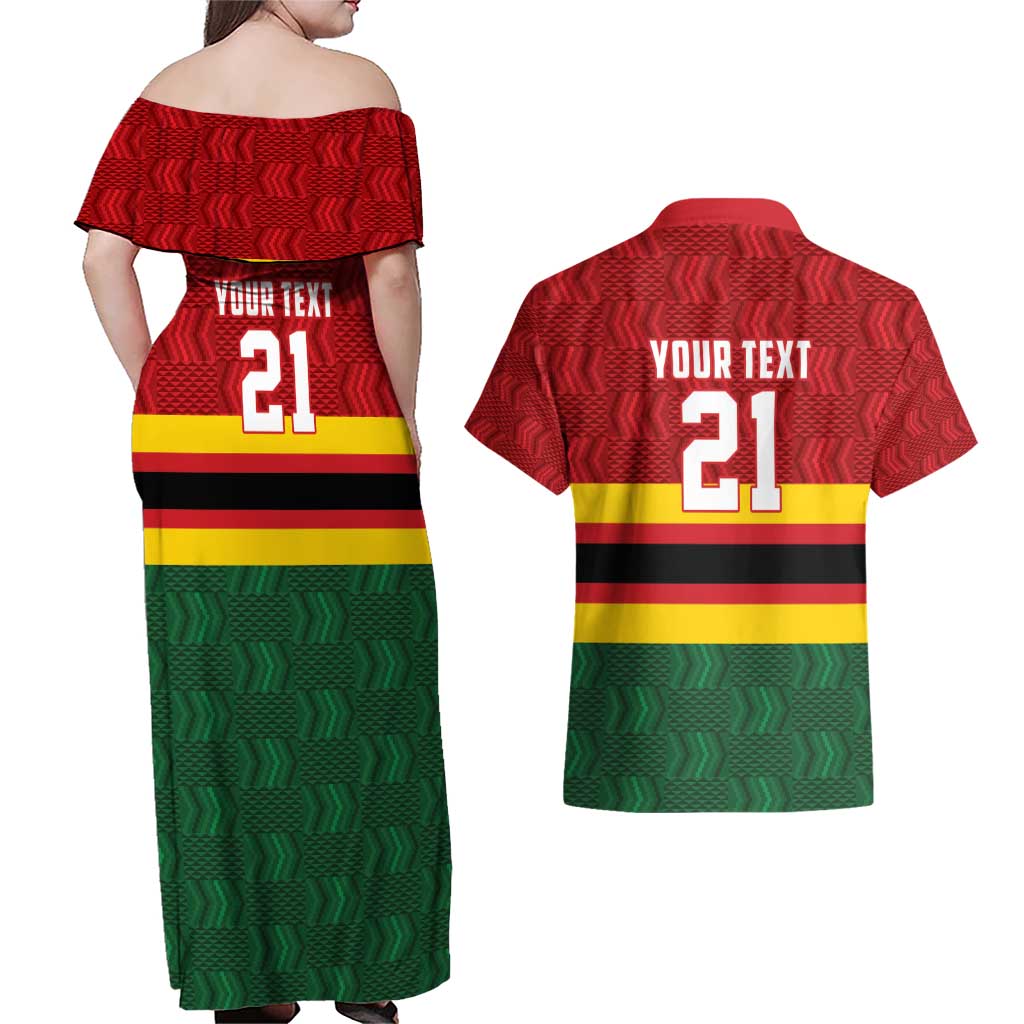 Zimbabwe Cricket Custom Couples Matching Off Shoulder Maxi Dress and Hawaiian Shirt Zimbabwean Pattern Flag Motif - Wonder Print Shop